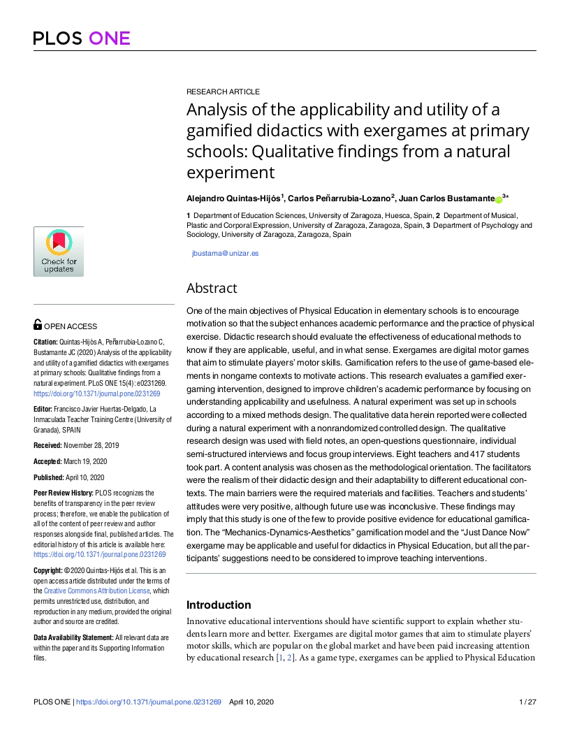 Analysis of the applicability and utility of a gamified didactics with exergames at primary schools: Qualitative findings from a natural experiment