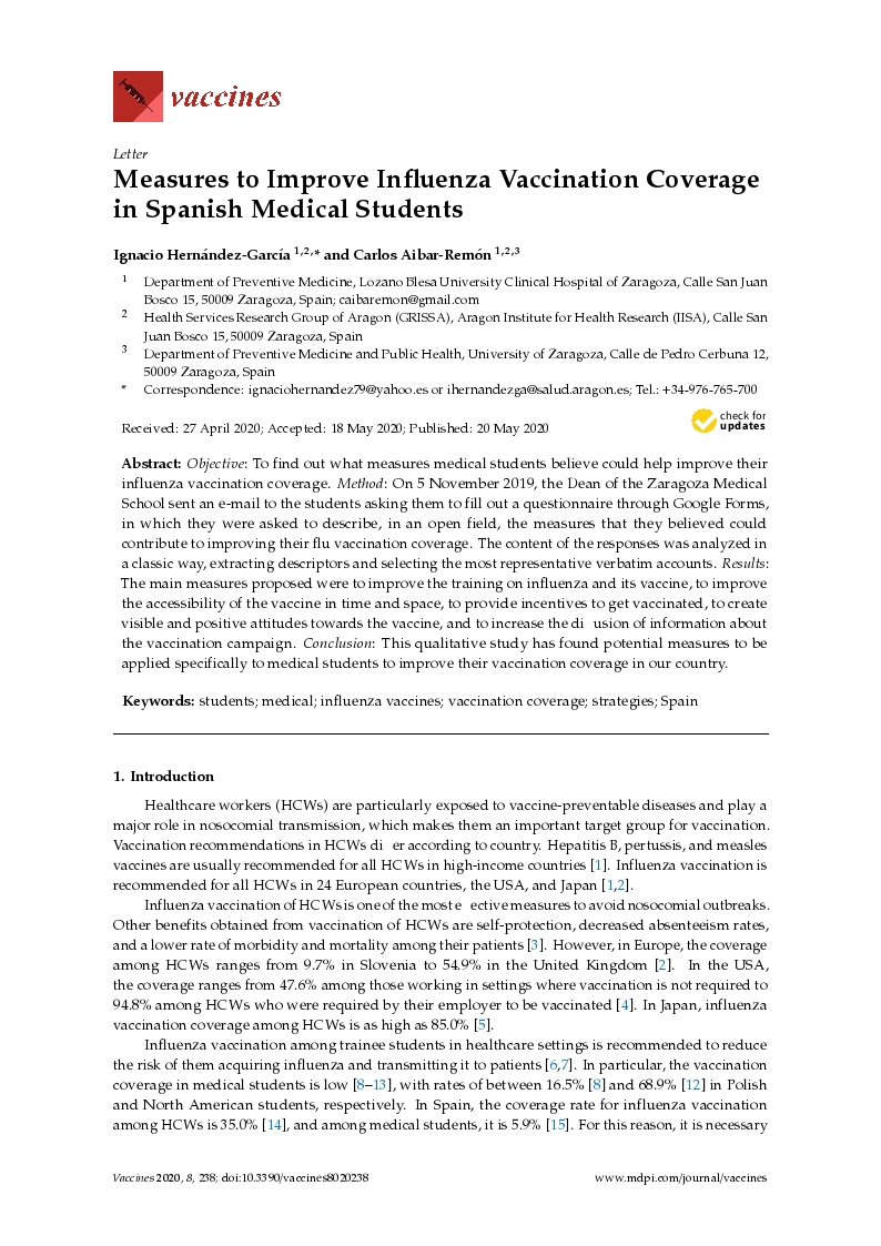 Measures to improve influenza vaccination coverage in spanish medical students