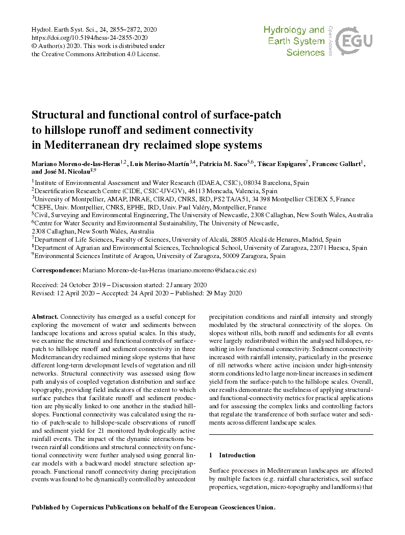 Structural and functional control of surface-patch to hillslope runoff and sediment connectivity in Mediterranean dry reclaimed slope systems