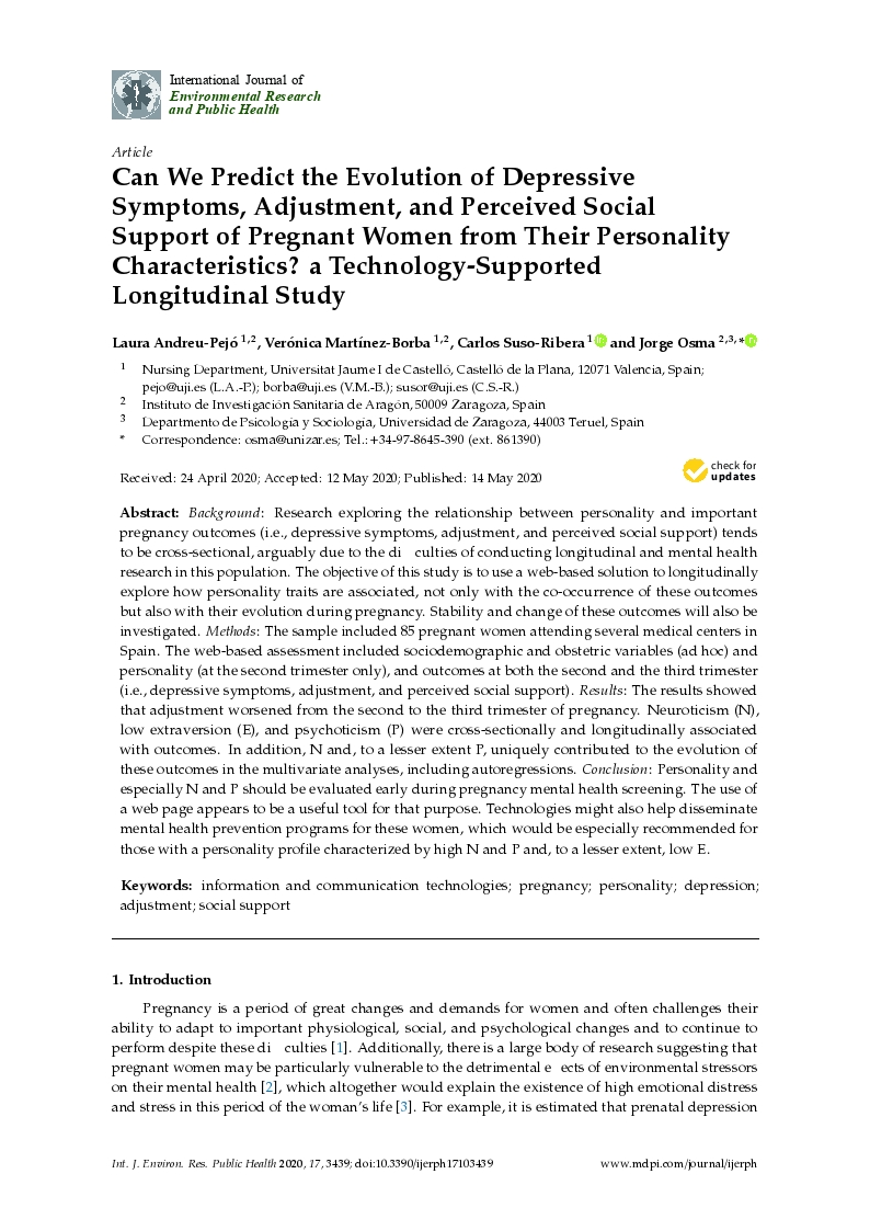 Can we predict the evolution of depressive symptoms, adjustment, and perceived social support of pregnant women from their personality characteristics? A technology-supported longitudinal study