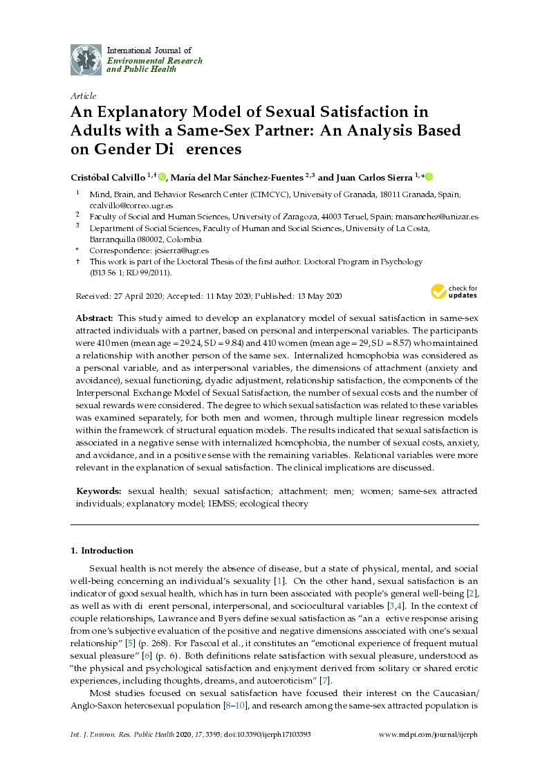 An explanatory model of sexual satisfaction in adults with a same-sex partner: An analysis based on gender differences