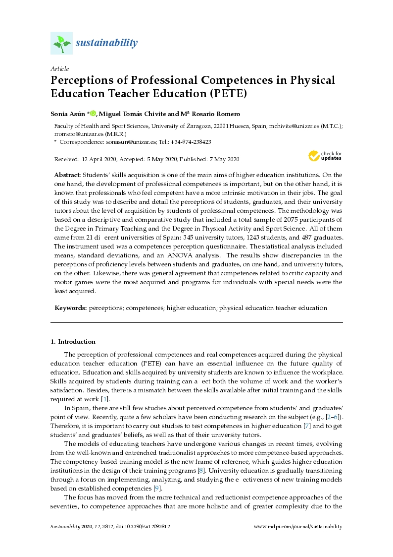 Perceptions of professional competences in Physical Education Teacher Education (PETE)