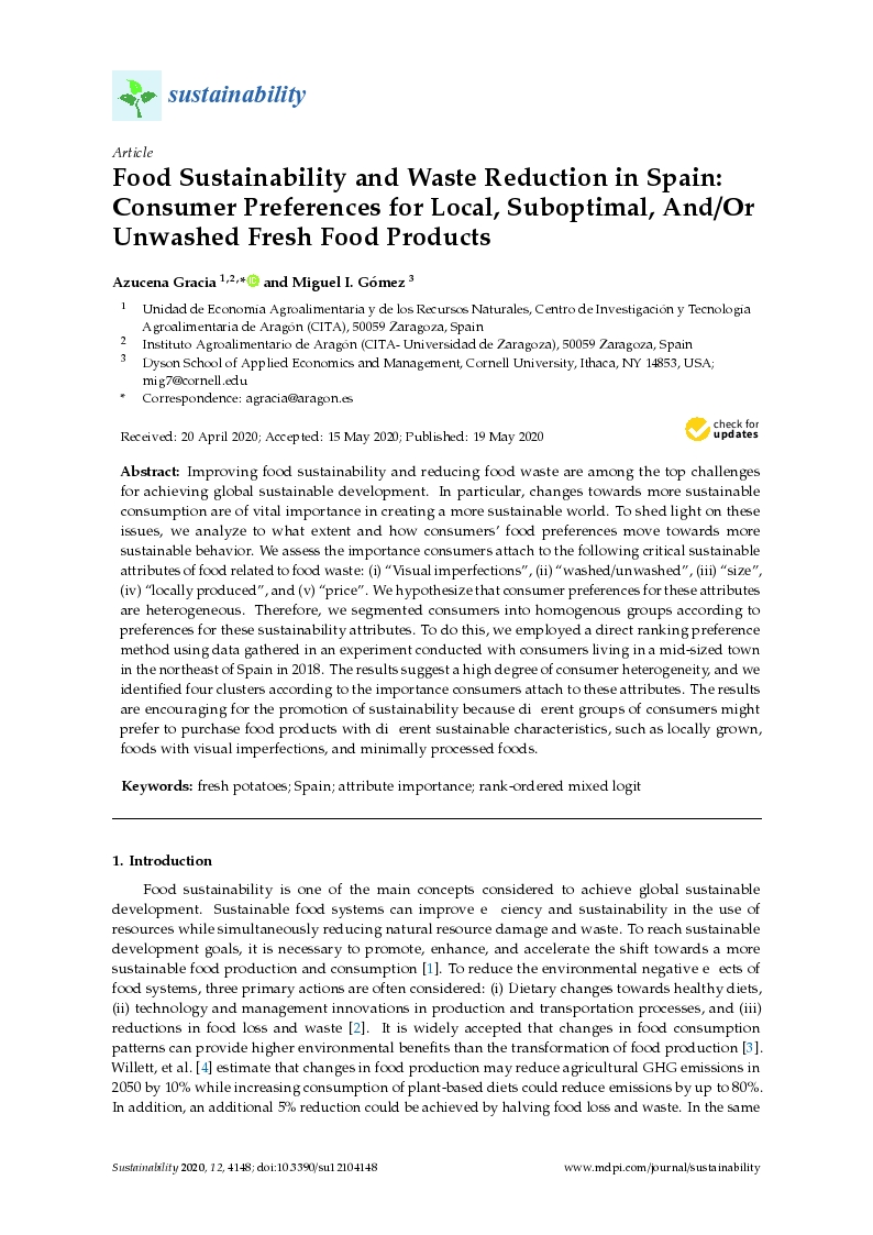 Food sustainability and waste reduction in Spain: Consumer preferences for local, suboptimal, and/or unwashed fresh food products