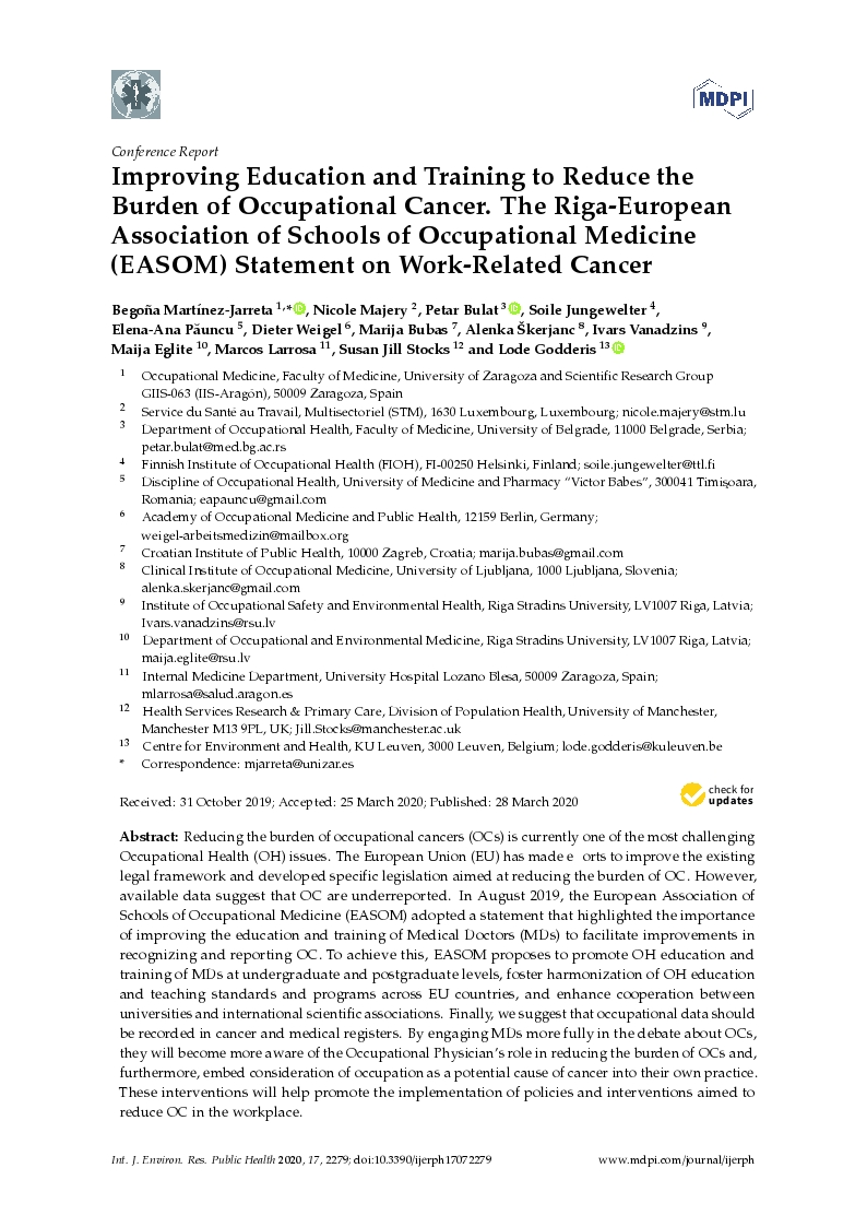 Improving education and training to reduce the burden of occupational cancer. The Riga-European Association of Schools of Occupational Medicine (EASOM) statement on work-related cancer
