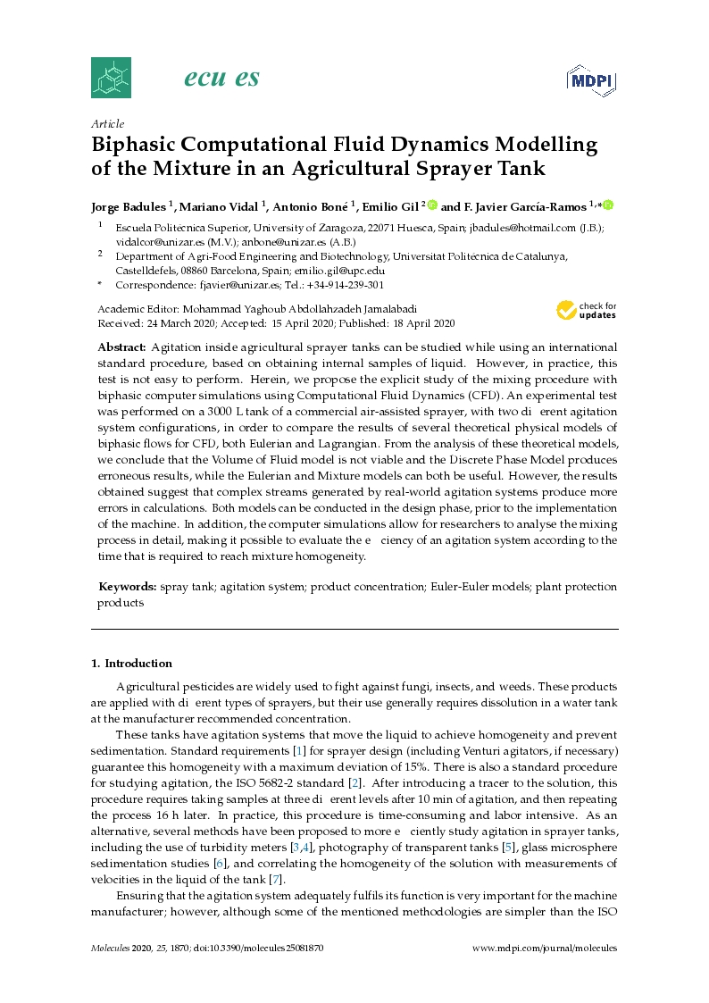 Biphasic computational fluid dynamics modelling of the mixture in an agricultural sprayer tank