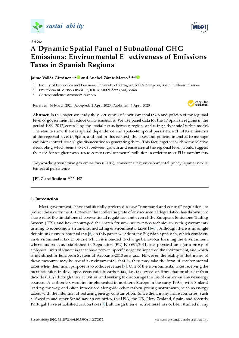 A dynamic spatial panel of subnational GHG emissions: Environmental effectiveness of emissions taxes in Spanish regions