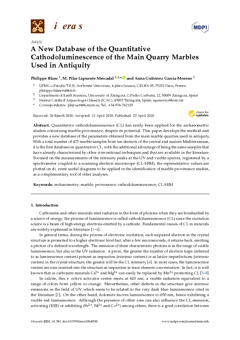 A new database of the quantitative cathodoluminescence of the main quarry marbles used in antiquity