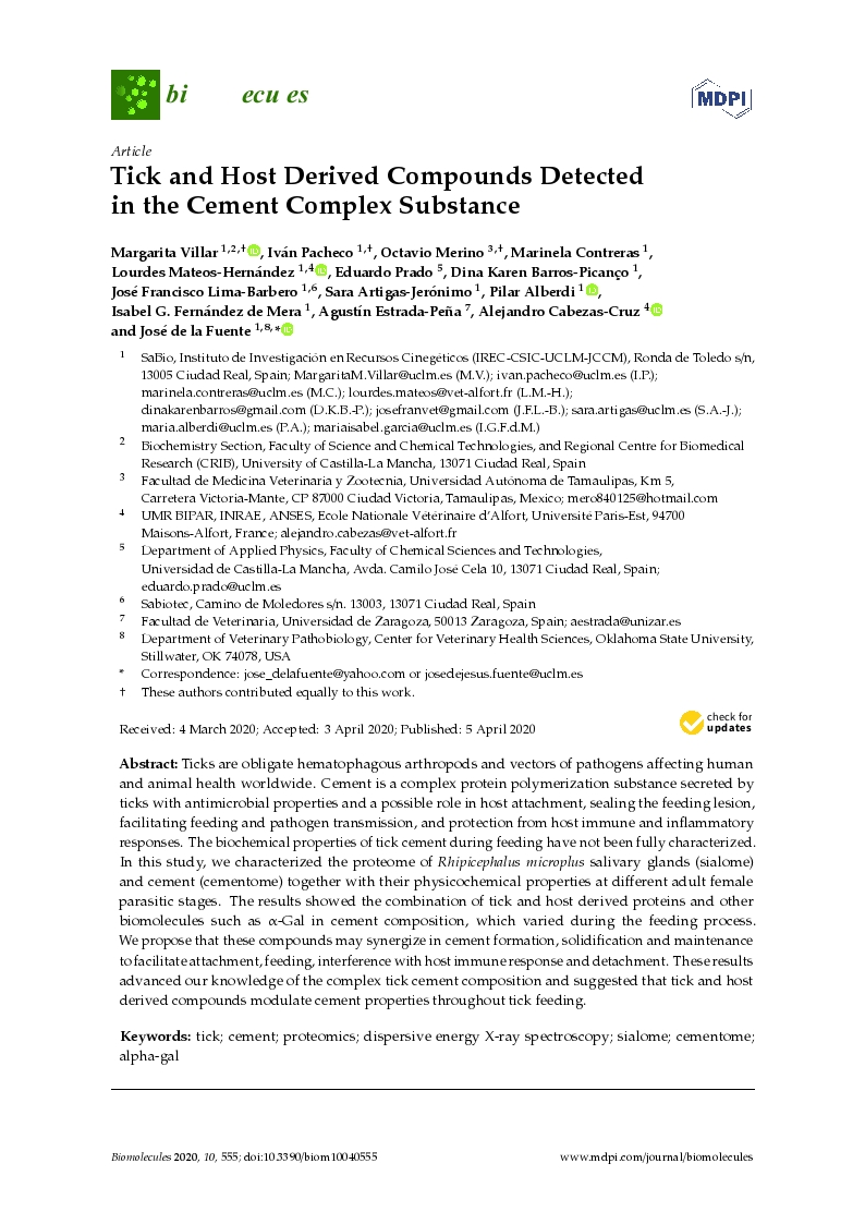 Tick and host derived compounds detected in the cement complex substance