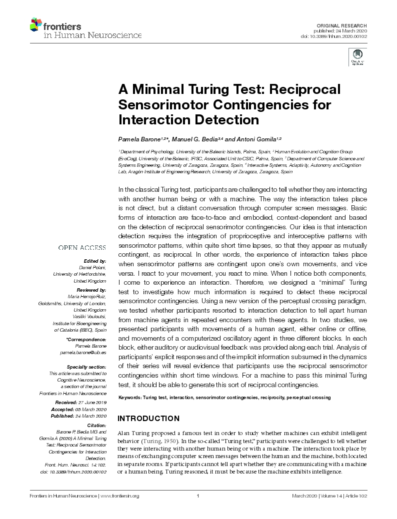 A minimal turing test: reciprocal sensorimotor contingencies for interaction detection