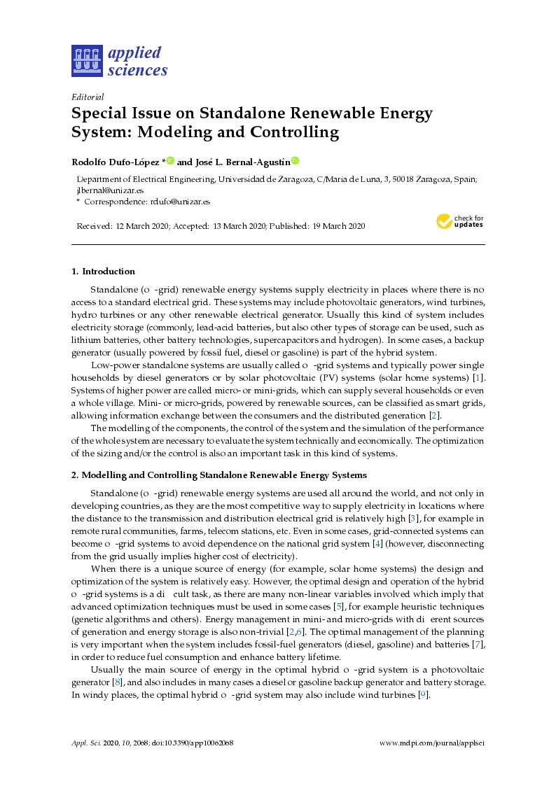 Special issue on standalone renewable energy system: Modeling and controlling