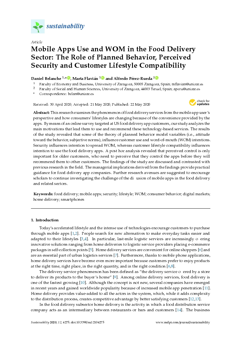 Mobile apps use and WOM in the food delivery sector: The role of planned behavior, perceived security and customer lifestyle compatibility