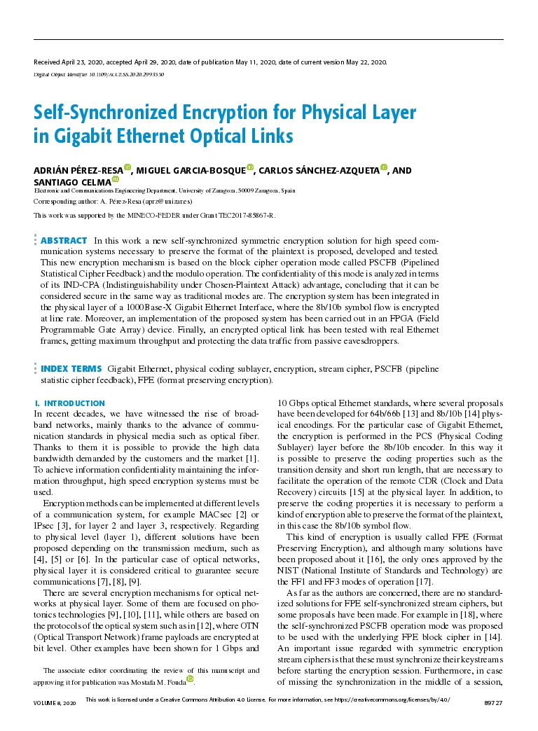 Self-Synchronized Encryption for Physical Layer in Gigabit Ethernet Optical Links