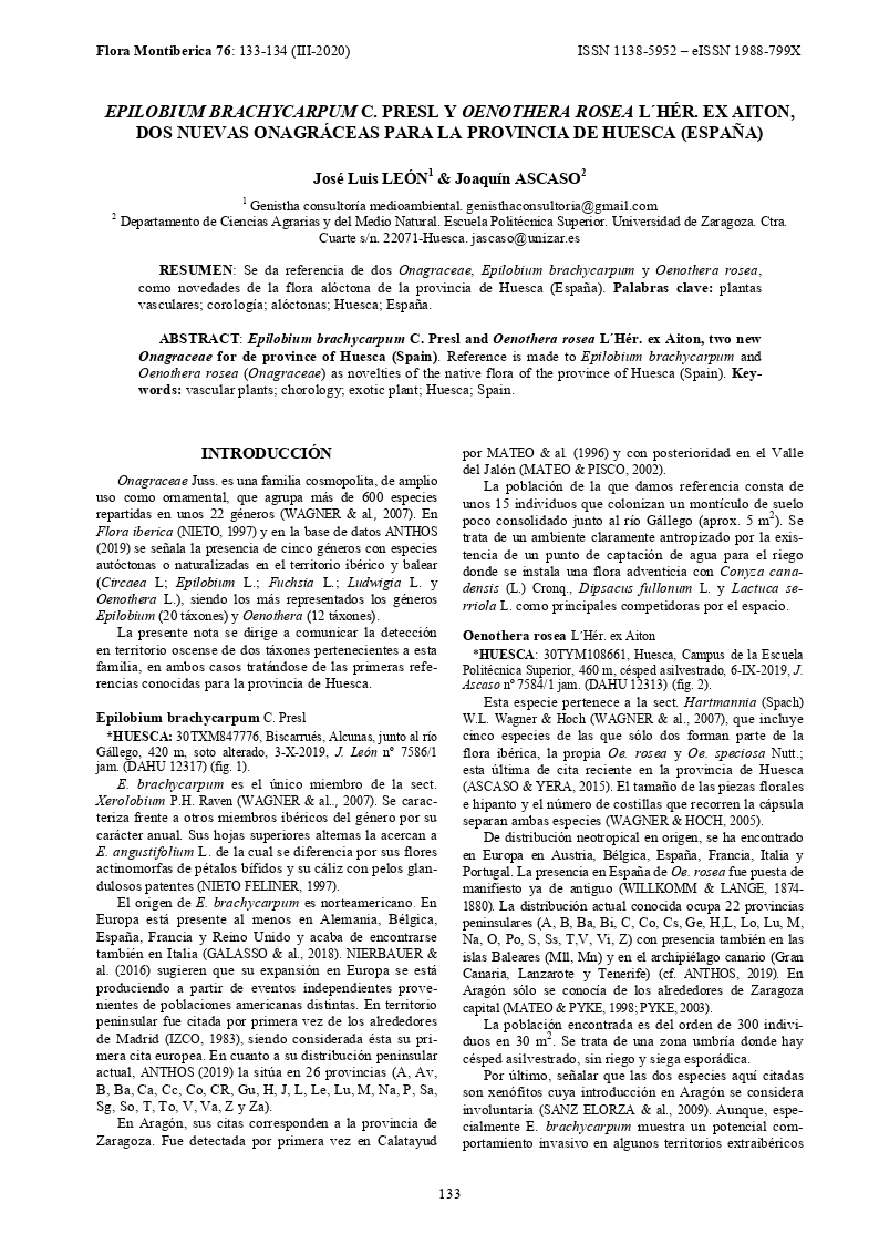 Epilobium brachycarpum C. presl y oenothera rosea l´hér. Ex aiton, dos nuevas onagráceas para la provincia de huesca (España)