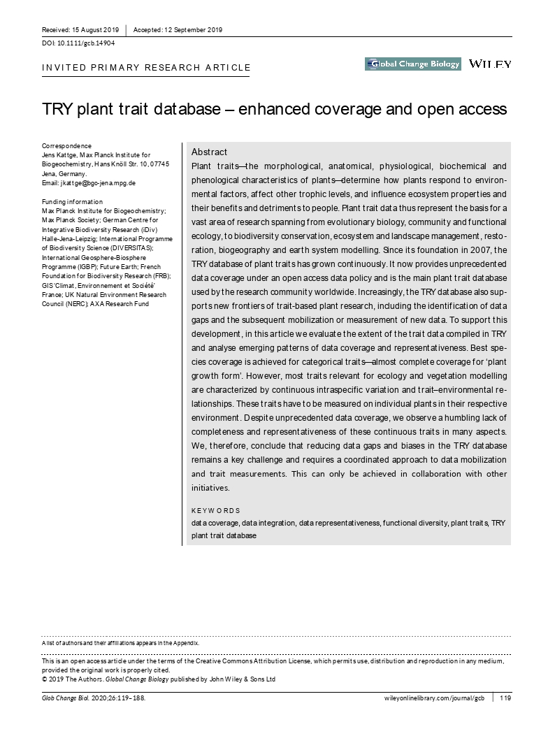 TRY plant trait database – enhanced coverage and open access