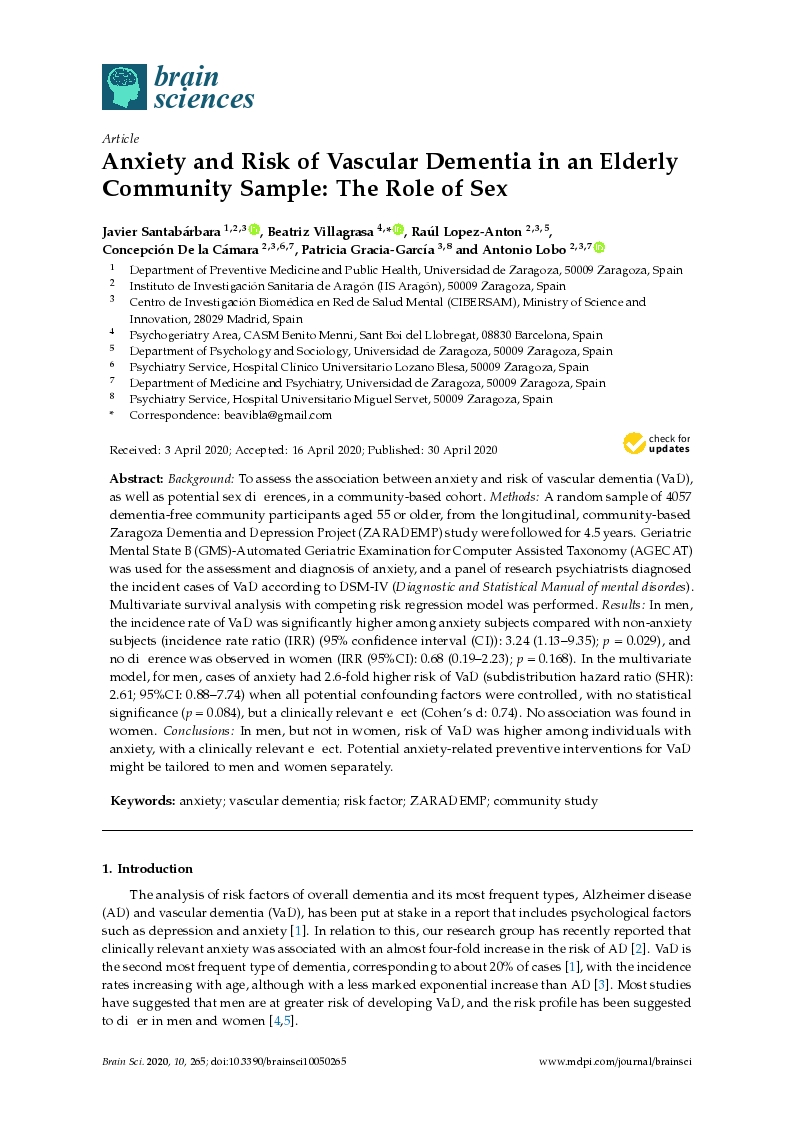 Anxiety and risk of vascular dementia in an elderly community sample: The role of sex