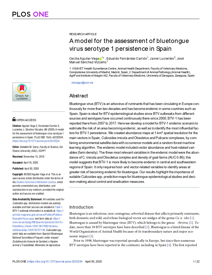 A model for the assessment of bluetongue virus serotype 1 persistence in Spain