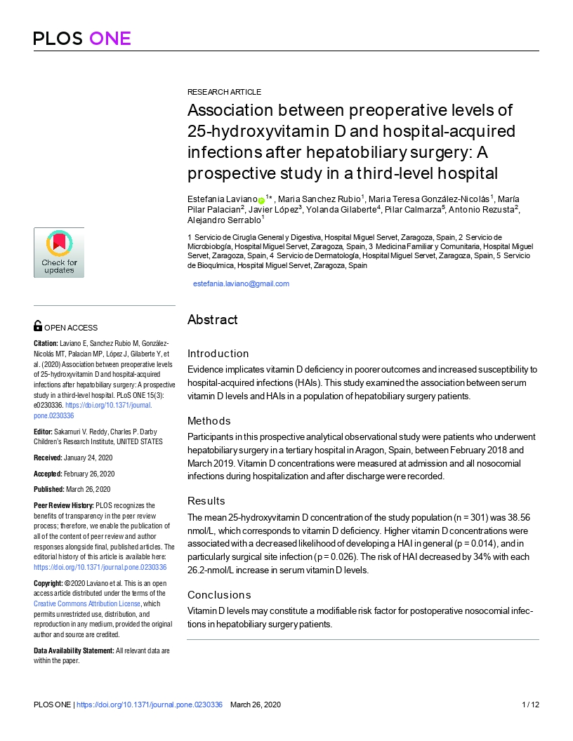Association between preoperative levels of 25-hydroxyvitamin D and hospital-acquired infections after hepatobiliary surgery: A prospective study in a third-level hospital