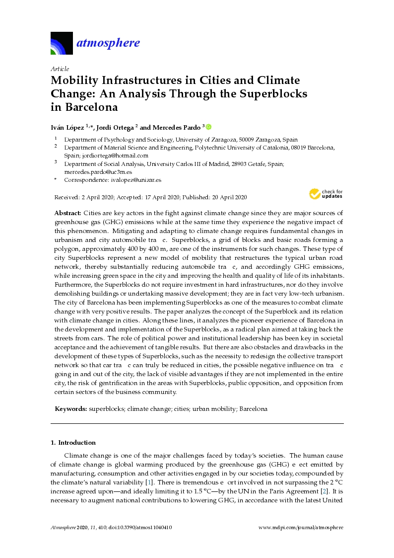 Mobility Infrastructures in Cities and Climate Change: An Analysis Through the Superblocks in Barcelona