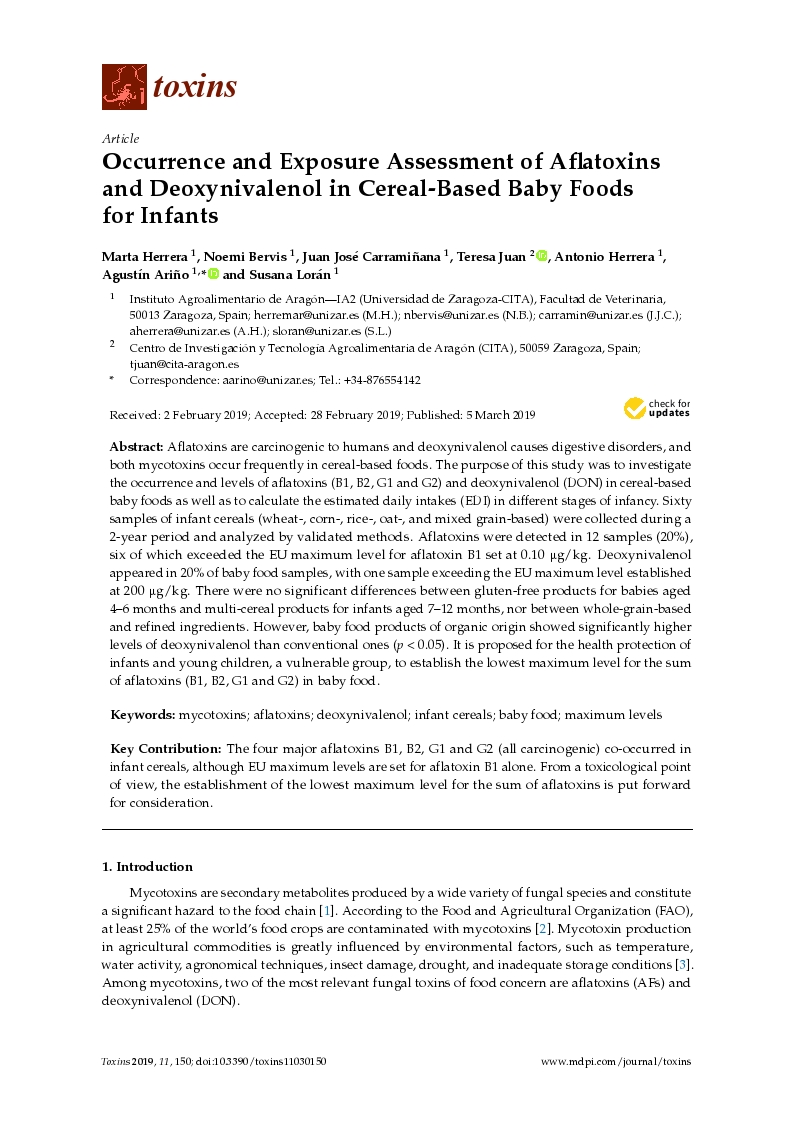 Occurrence and exposure assessment of aflatoxins and deoxynivalenol in cereal-based baby foods for infants