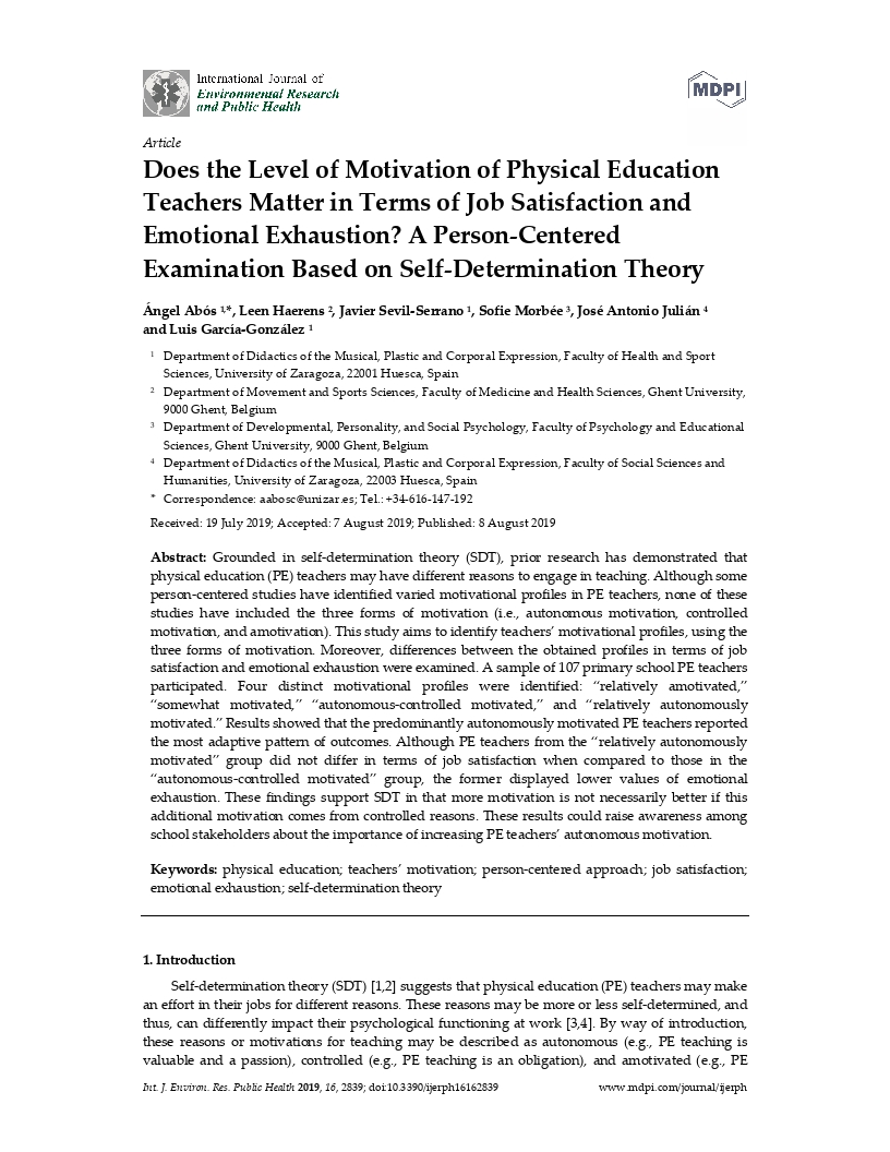 Does the level of motivation of physical education teachers matter in terms of job satisfaction and emotional exhaustion? A person-centered examination based on self-determination theory