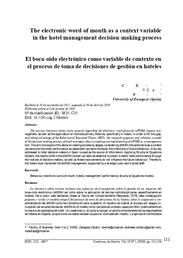 The electronic word of mouth as a context variable in the hotel management decision-making process
