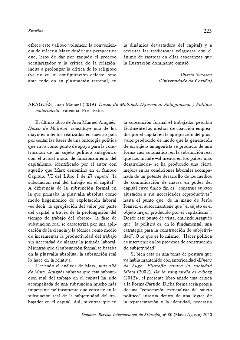 ARAGÜÉS, Juan Manuel (2019): Deseo de Multitud. Diferencia, Antagonismo y Política materialista. Valencia: Pre-Textos