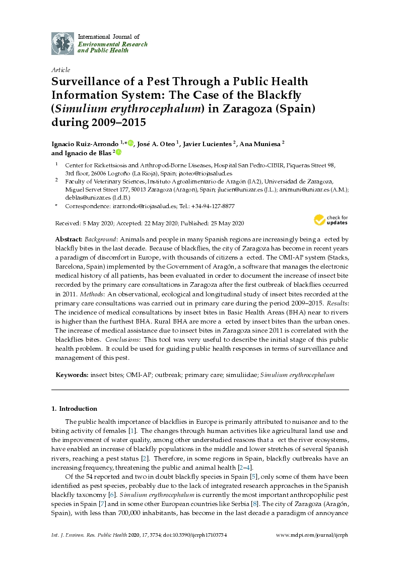 Surveillance of a pest through a public health information system: The case of the blackfly (simulium erythrocephalum) in zaragoza (Spain) during 2009–2015