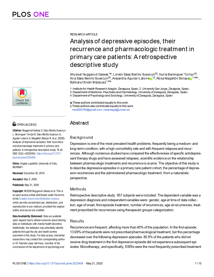 Analysis of depressive episodes, their recurrence and pharmacologic treatment in primary care patients: A retrospective descriptive study
