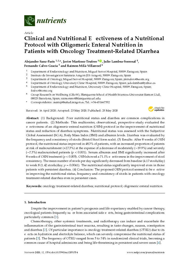 Clinical and nutritional effectiveness of a nutritional protocol with oligomeric enteral nutrition in patients with oncology treatment-related diarrhea