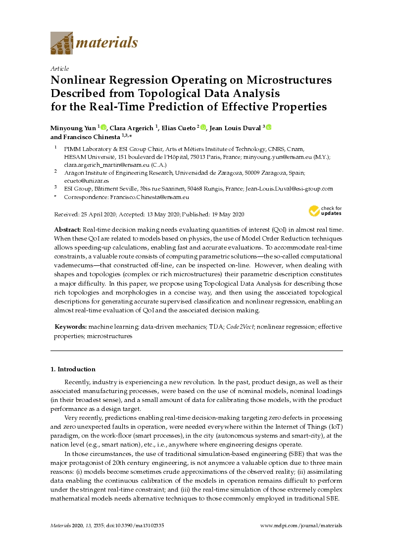 Nonlinear regression operating on microstructures described from topological data analysis for the real-time prediction of effective properties