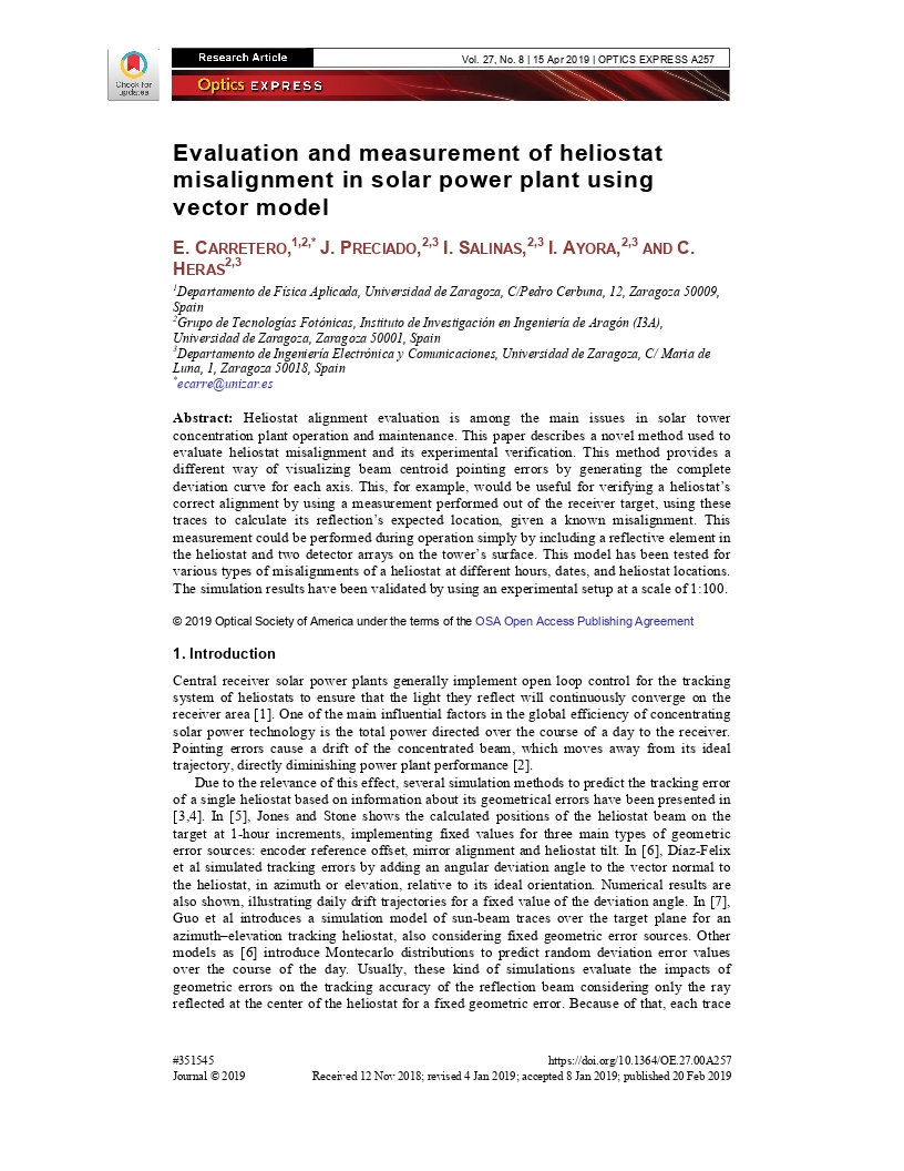 Evaluation and measurement of heliostat misalignment in solar power plant using vector model