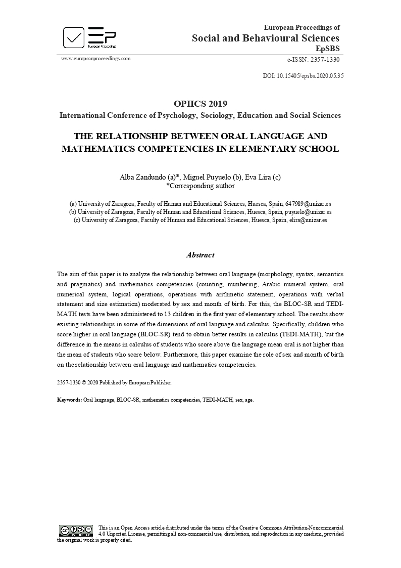 The relationship between oral language and mathematics competencies in elementary school