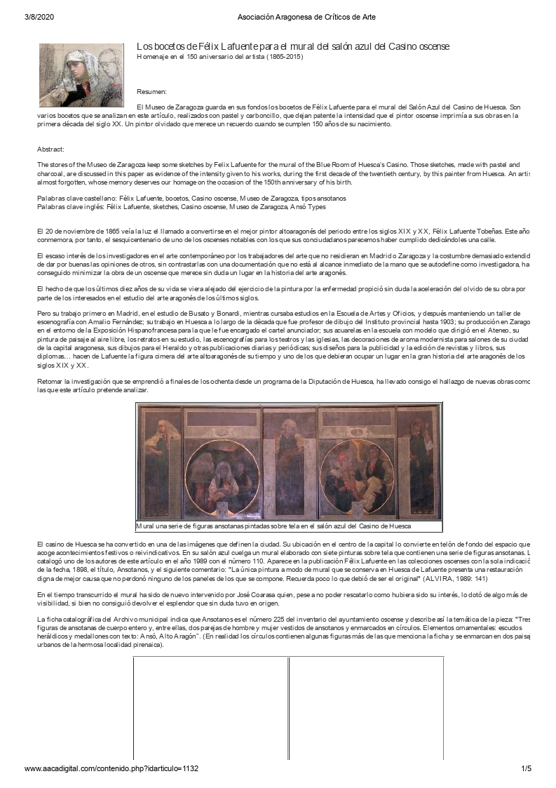 Los bocetos de Félix Lafuente para el mural del salón azul del Casino oscense. Homenaje en el 150 aniversario del artista (1865-2015)