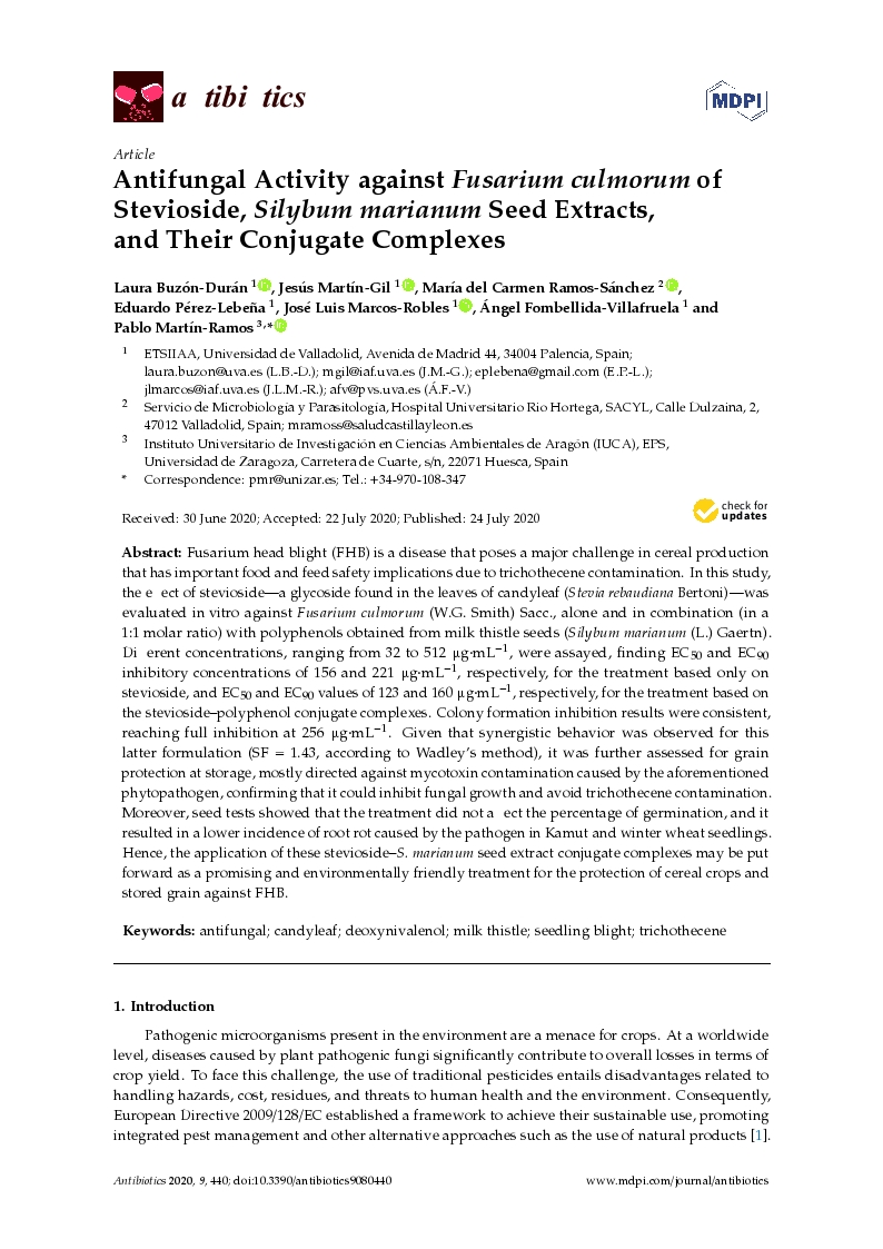 Antifungal activity against Fusarium culmorum of stevioside, Silybum marianum seed extracts, and their conjugate complexes