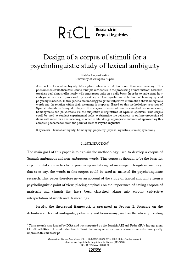 Design of a corpus of stimuli for a psycholinguistic study of lexical ambiguity