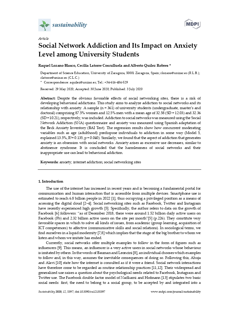 Social network addiction and its impact on anxiety level among university students