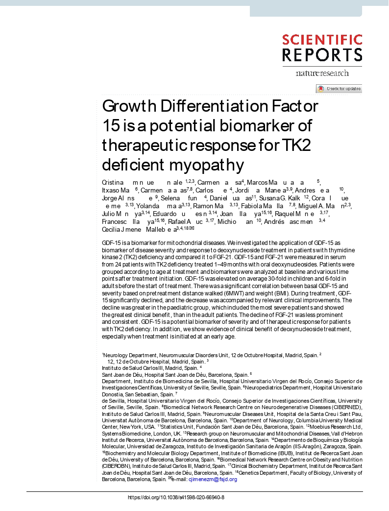 Growth Differentiation Factor 15 is a potential biomarker of therapeutic response for TK2 deficient myopathy