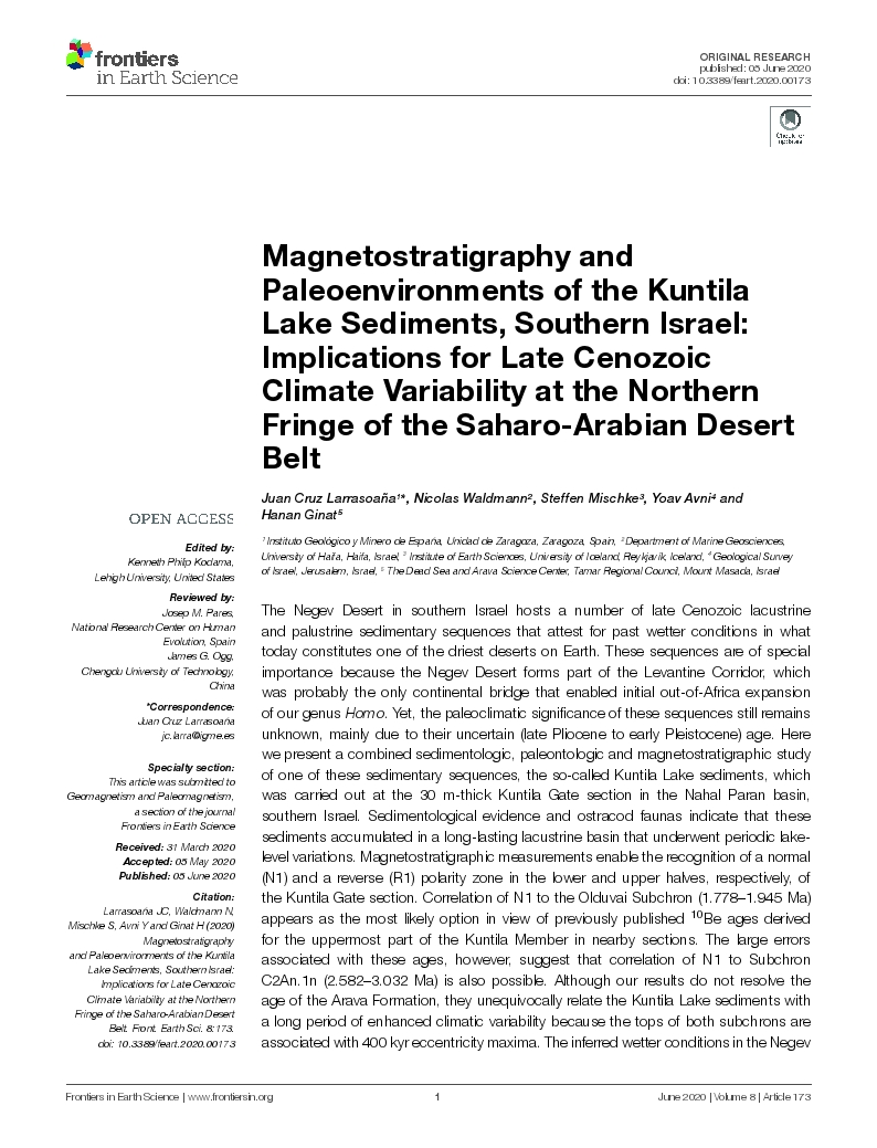 Magnetostratigraphy and Paleoenvironments of the Kuntila Lake Sediments, Southern Israel: Implications for Late Cenozoic Climate Variability at the Northern Fringe of the Saharo-Arabian Desert Belt