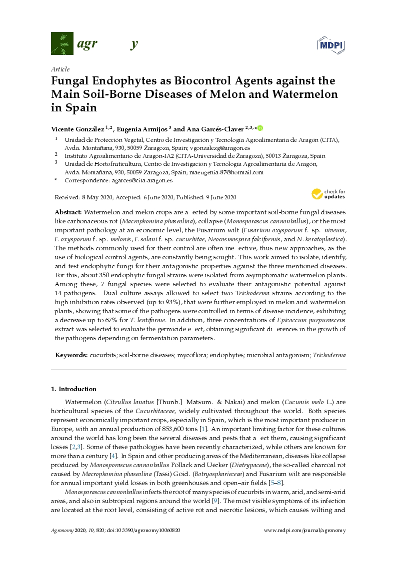 Fungal endophytes as biocontrol agents against the main soil-borne diseases of melon and watermelon in Spain