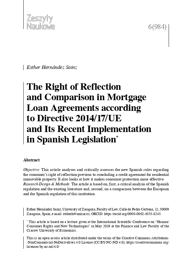 The Right of Reflection and Comparison in Mortgage Loan Agreements according to Directive 2014/17/UE and Its Recent Implementation in Spanish Legislation