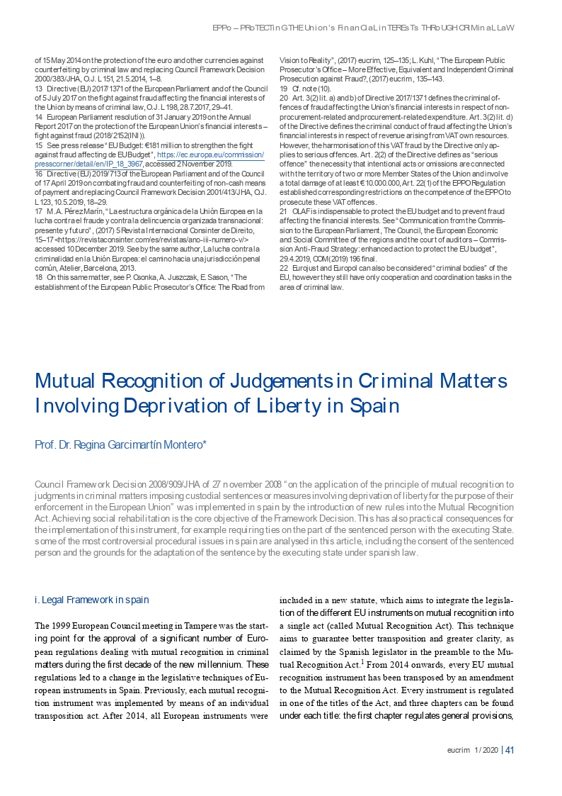 Mutual recognition of judgements in criminal matters involving deprivation of liberty in spain