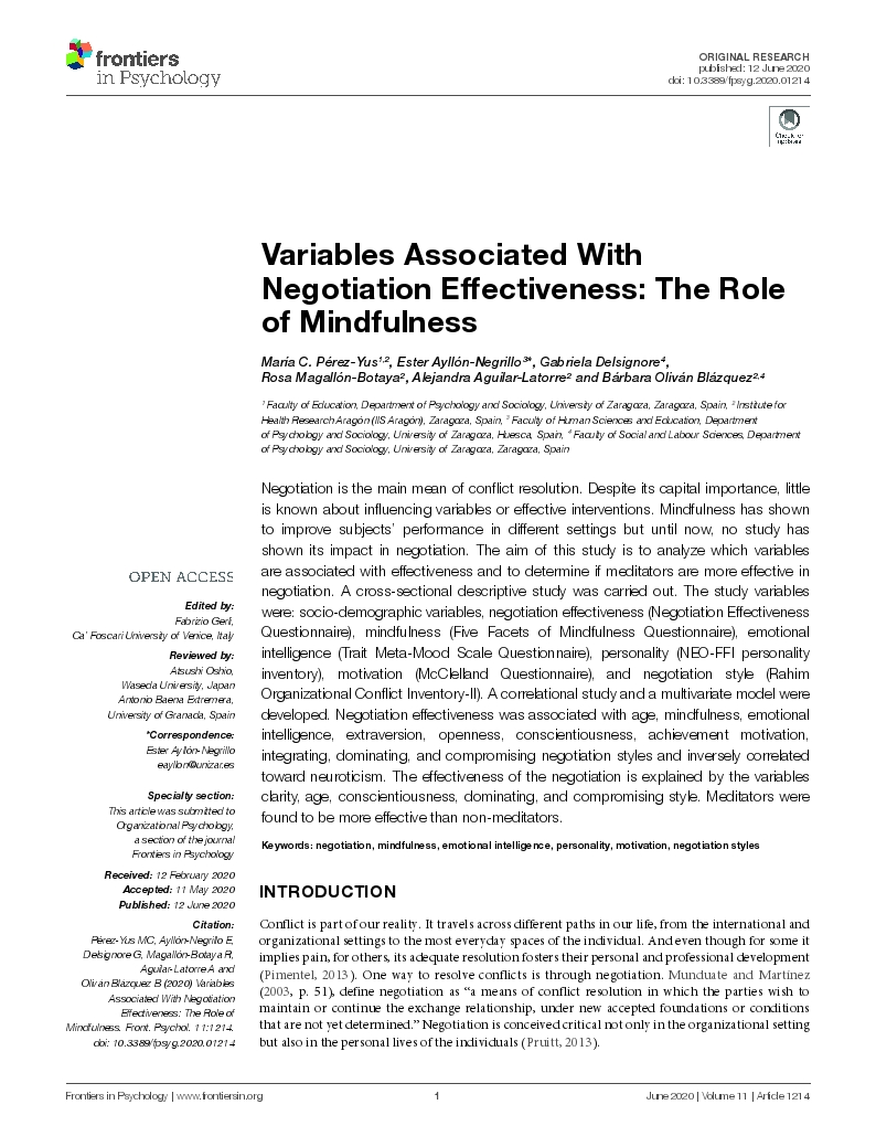 Variables Associated With Negotiation Effectiveness: The Role of Mindfulness