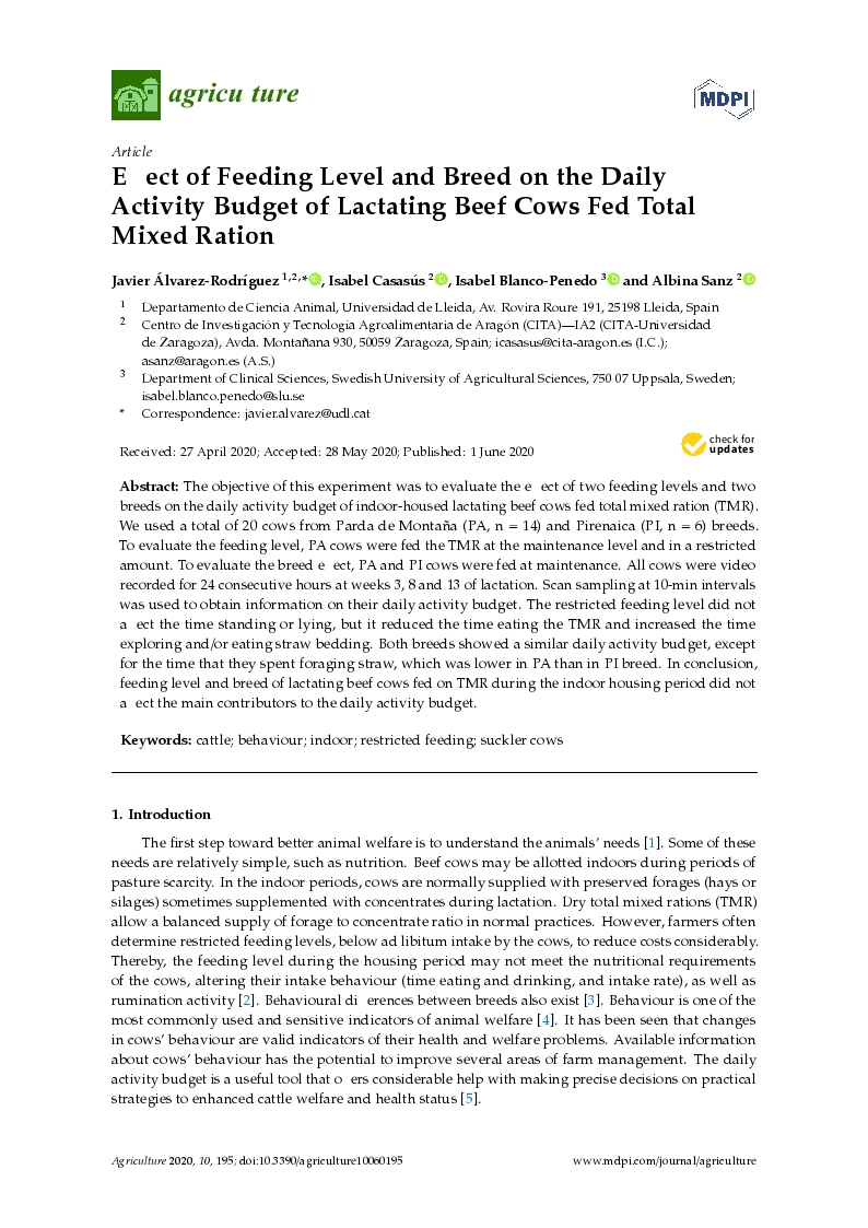 Effect of feeding level and breed on the daily activity budget of lactating beef cows fed total mixed ration