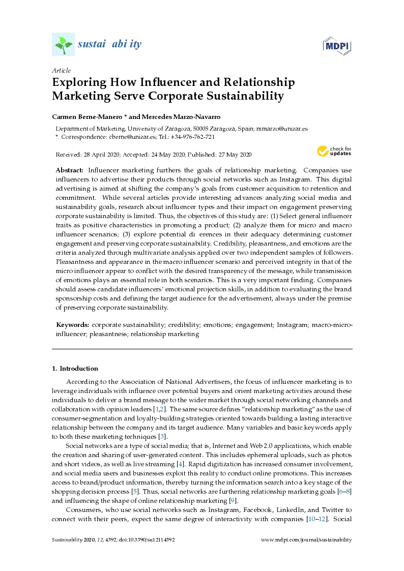 Exploring how influencer and relationship marketing serve corporate sustainability