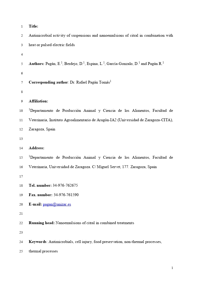 Antimicrobial activity of suspensions and nanoemulsions of citral in combination with heat or pulsed electric fields