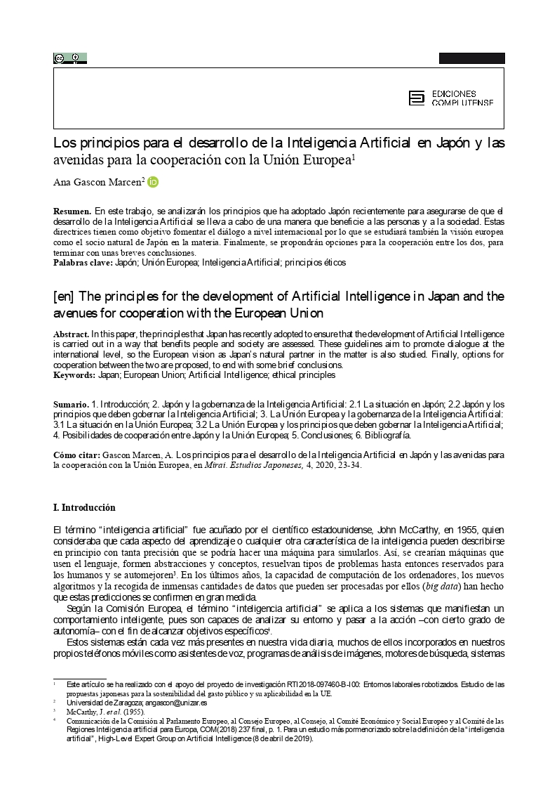 Los principios para el desarrollo de la Inteligencia Artificial en Japón y las avenidas para la cooperación con la Unión Europea