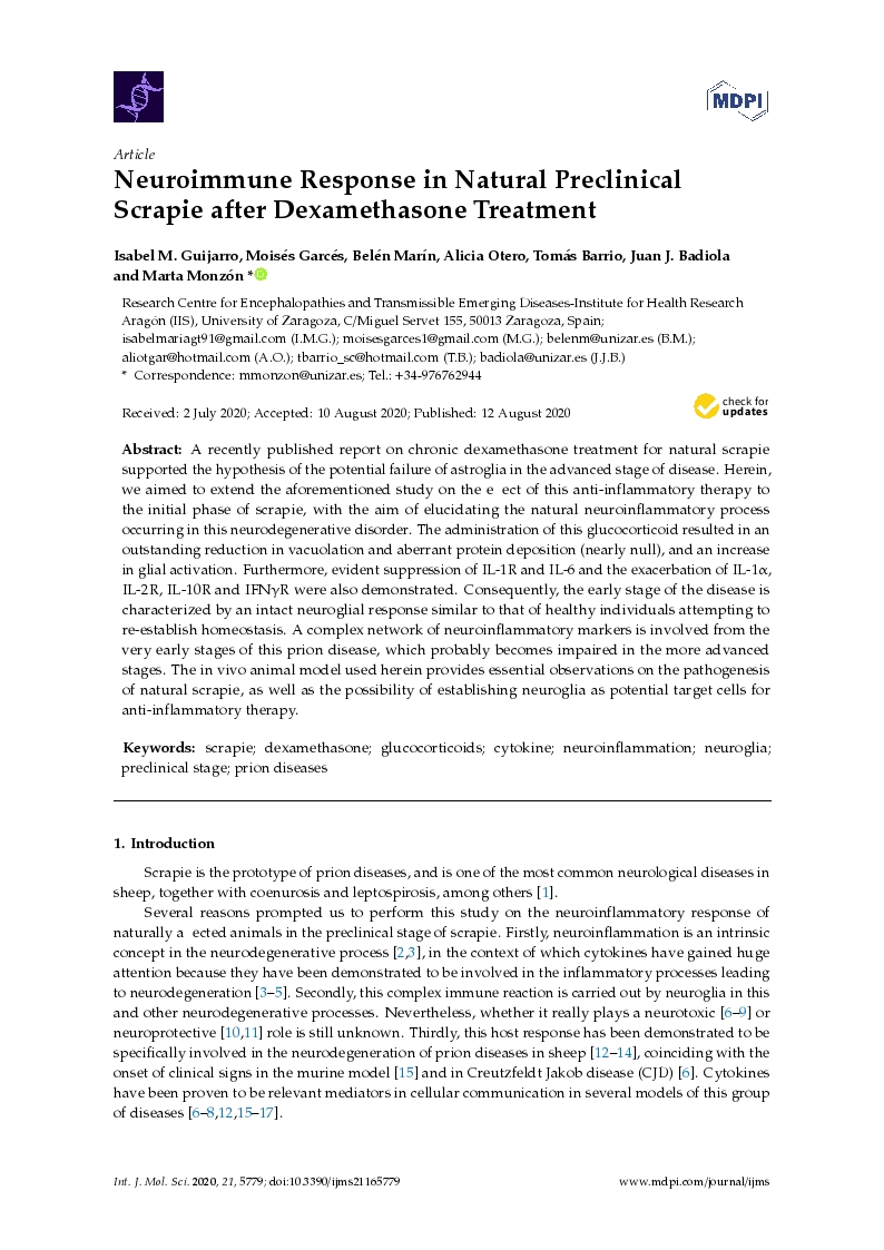 Neuroimmune Response in Natural Preclinical Scrapie after Dexamethasone Treatment
