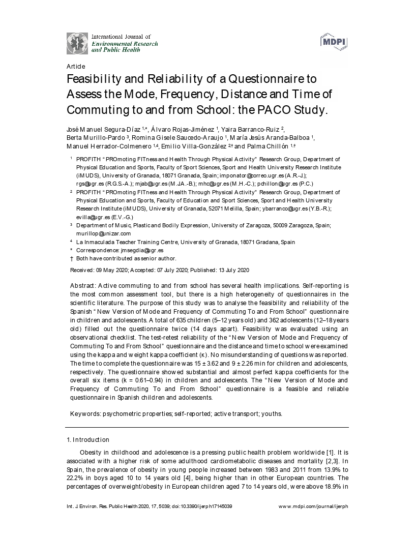 Feasibility and reliability of a questionnaire to assess the mode, frequency, distance and time of commuting to and from school: The PACO study