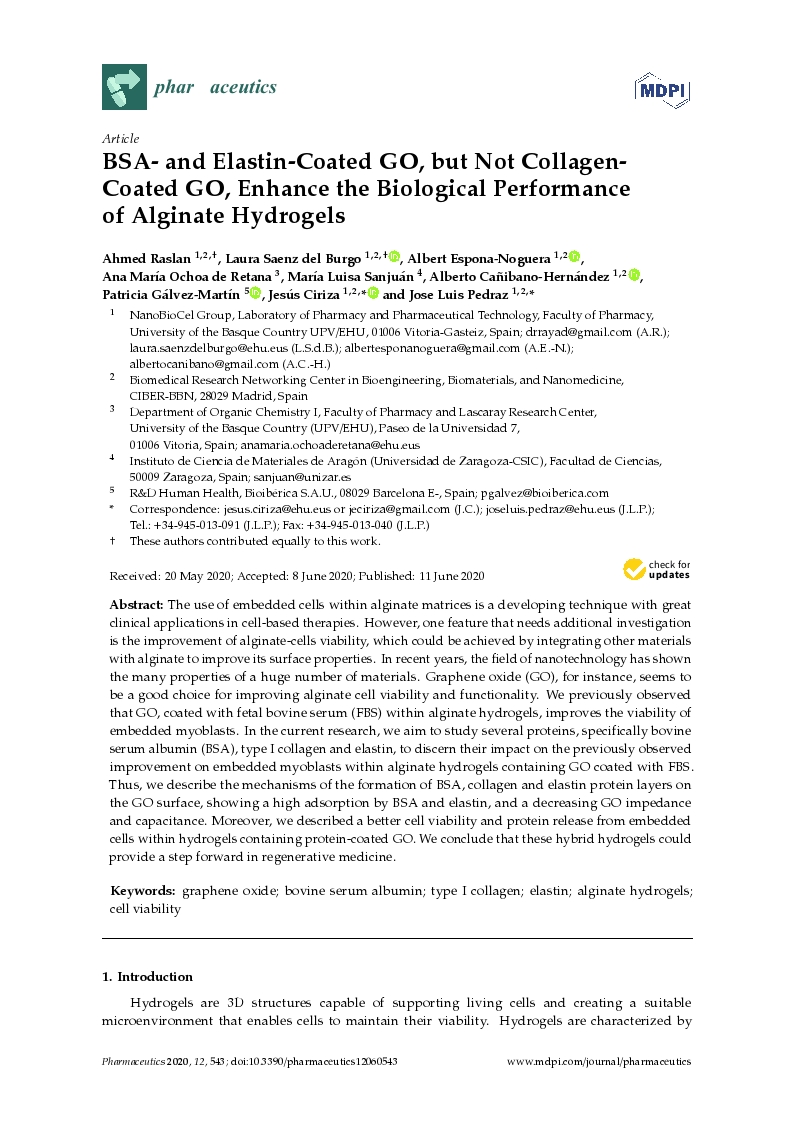 BSA- and Elastin-Coated GO, but not collagen- coated GO, enhance the biological performance of alginate hydrogels