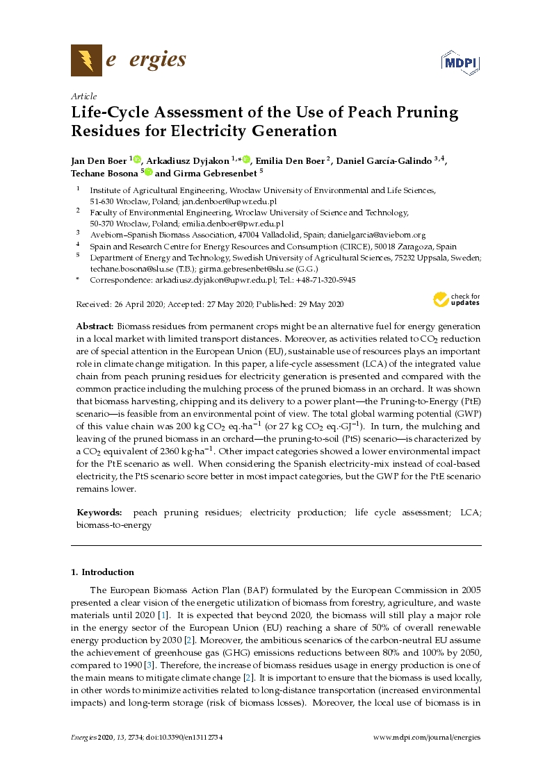 Life-cycle assessment of the use of peach pruning residues for electricity generation